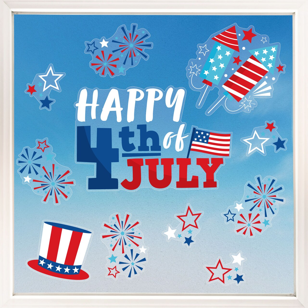 Big Dot of Happiness 4th of July Window Clings, Reusable Patriotic Fireworks Sticker Decor, Red, White & Blue Decals, America 250 Static Clings USA